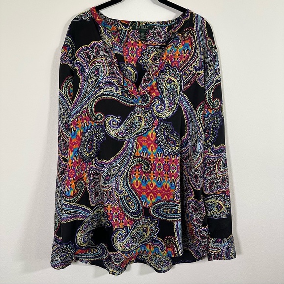 Lauren Ralph Lauren Black Sheer Paisley Multicolor Long Sleeve Blouse Size XL - Picture 1 of 10